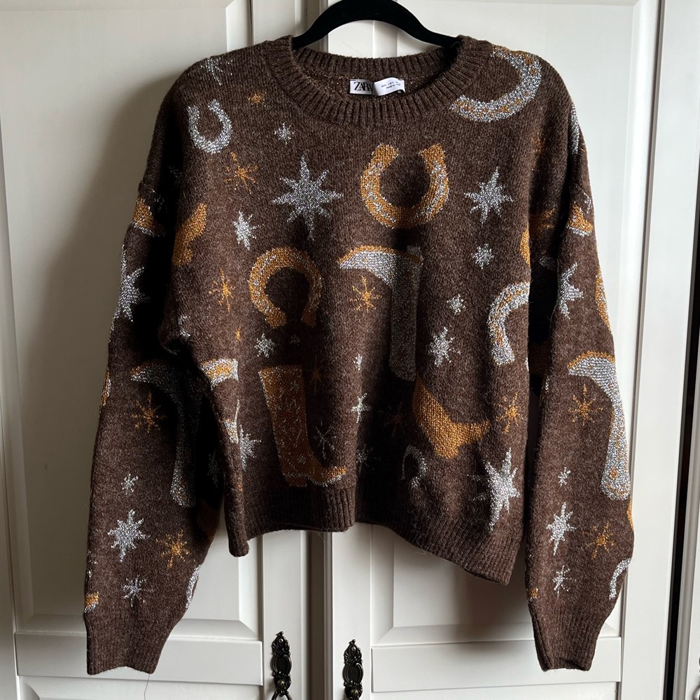 Zara Brown Crewneck Sweater with Gold & Silver Celestial Motif